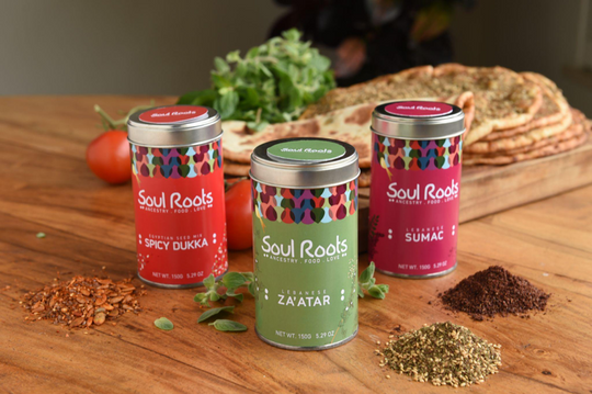 image of three Soul Roots Spices, Spicy Dukka, Za'atar & Sumac spice